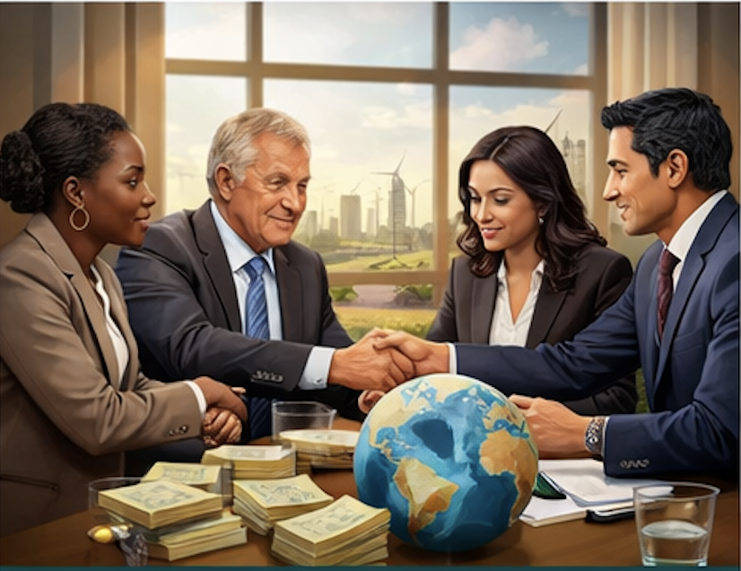 Home A diverse group of business professionals engaging in a handshake and discussion in a modern office space.